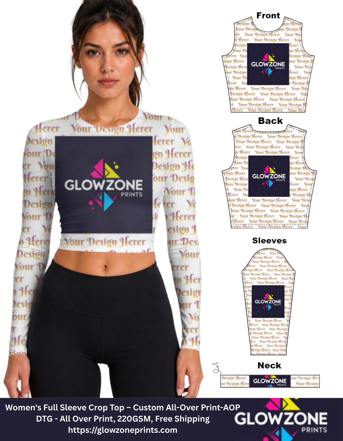 Women's Full Sleeve Crop Top – Custom All-Over Print-AOP GlowZonePrints