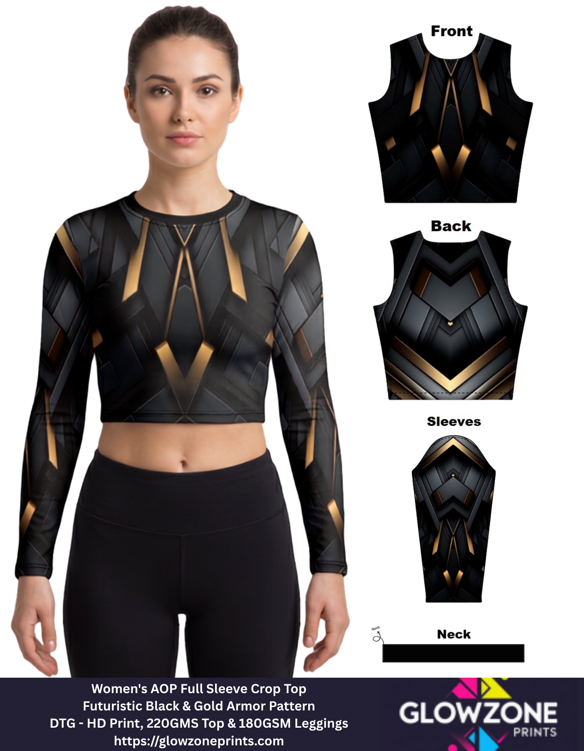 Women's AOP Full Sleeve Crop Top – Futuristic Black & Gold Armor Pattern GlowZonePrints