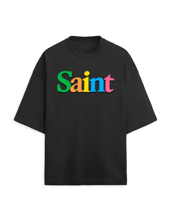 Unisex Terry Oversized Tee – Plain SAINT Text Effect Black - Plain Text Effect GlowZonePrints
