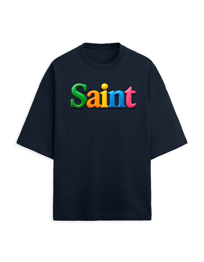 Unisex Terry Oversized Tee – Glossy SAINT Text Edition Navy Blue - Glossy Text Effect GlowZonePrints