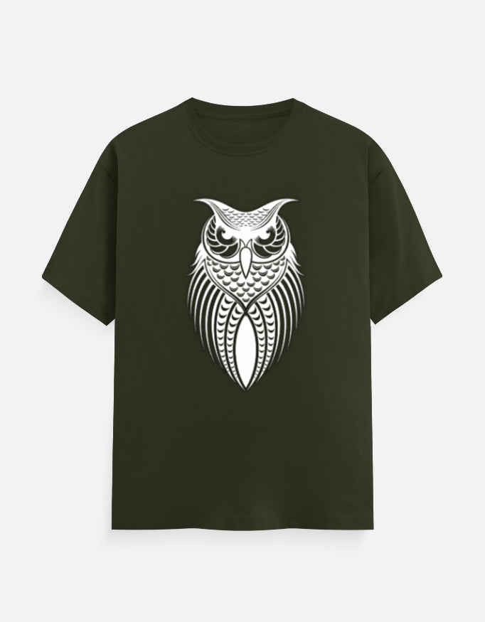 Unisex Classic Crew T-Shirt – Owl Halftone Design Olive Green GlowZonePrints
