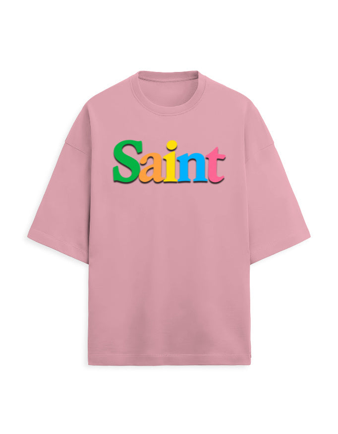 Unisex Terry Oversized Tee – Plain SAINT Text Effect Flamingo - Plain Text Effect GlowZonePrints