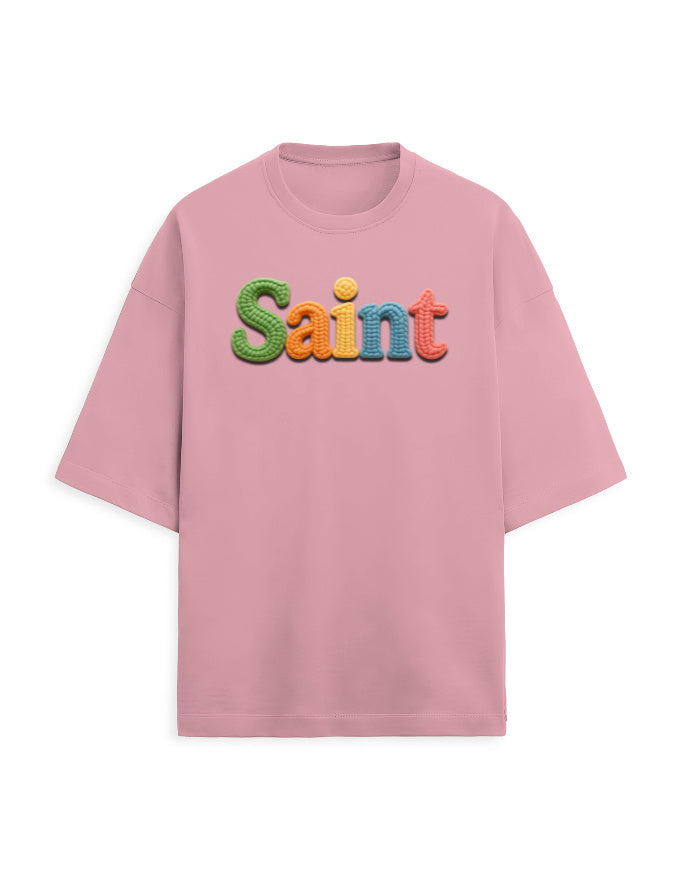 Unisex Terry Oversized Tee – Woolen SAINT Text Edition Flamingo - Woolen Text Effect GlowZonePrints