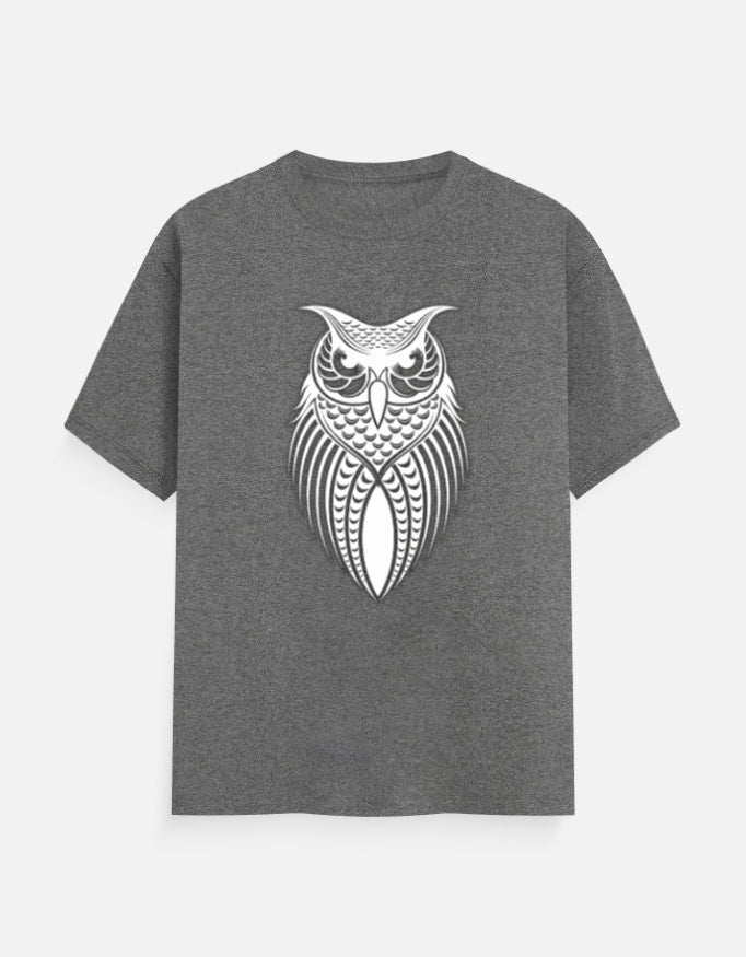 Unisex Classic Crew T-Shirt – Owl Halftone Design Charcoal Melange GlowZonePrints