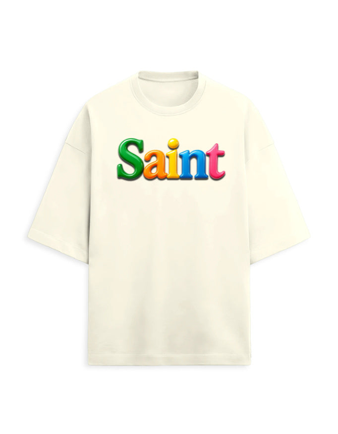 Unisex Terry Oversized Tee – Glossy SAINT Text Edition Off White - Glossy Text Effect GlowZonePrints