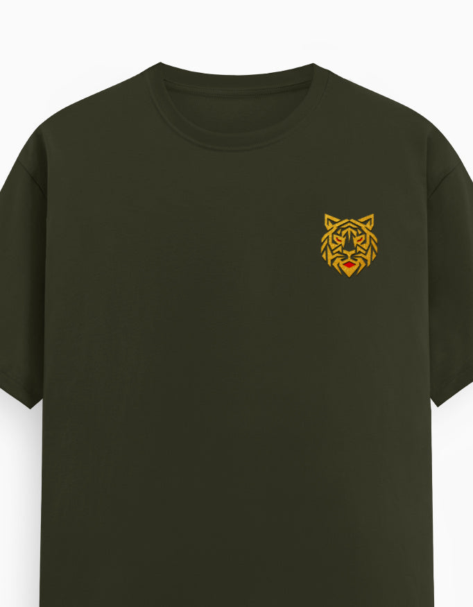 Unisex Classic Crew T-Shirt – Golden Tiger Emblem Olive Green GlowZonePrints