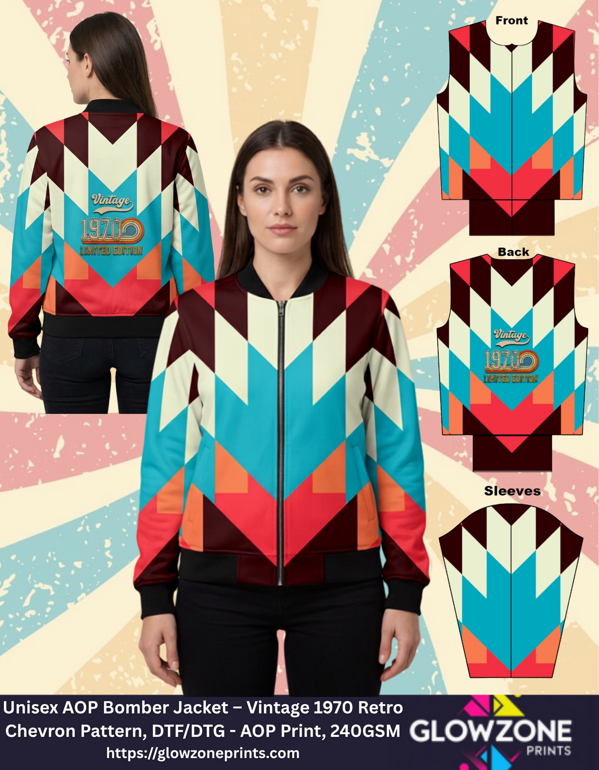 Unisex AOP Bomber Jacket – Vintage 1970 Retro Chevron Pattern GlowZonePrints