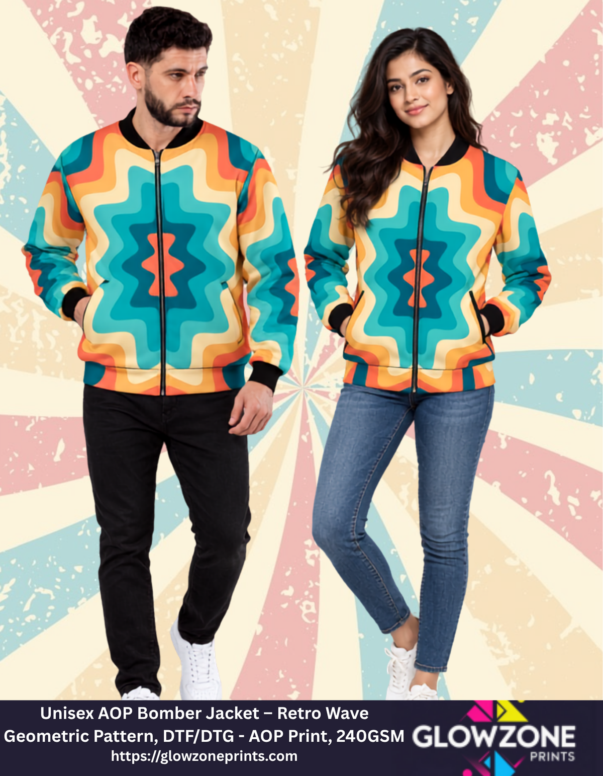 Unisex AOP Bomber Jacket – Retro Wave Geometric Pattern GlowZonePrints