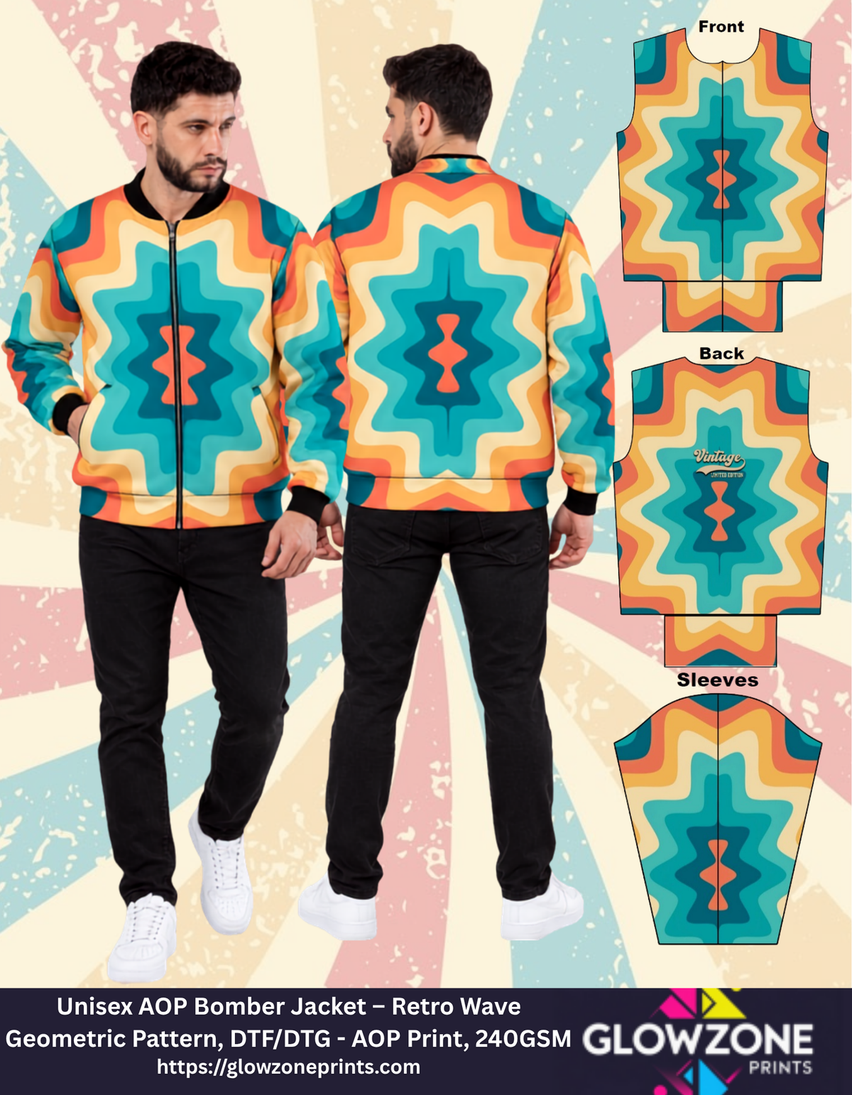 Unisex AOP Bomber Jacket – Retro Wave Geometric Pattern GlowZonePrints