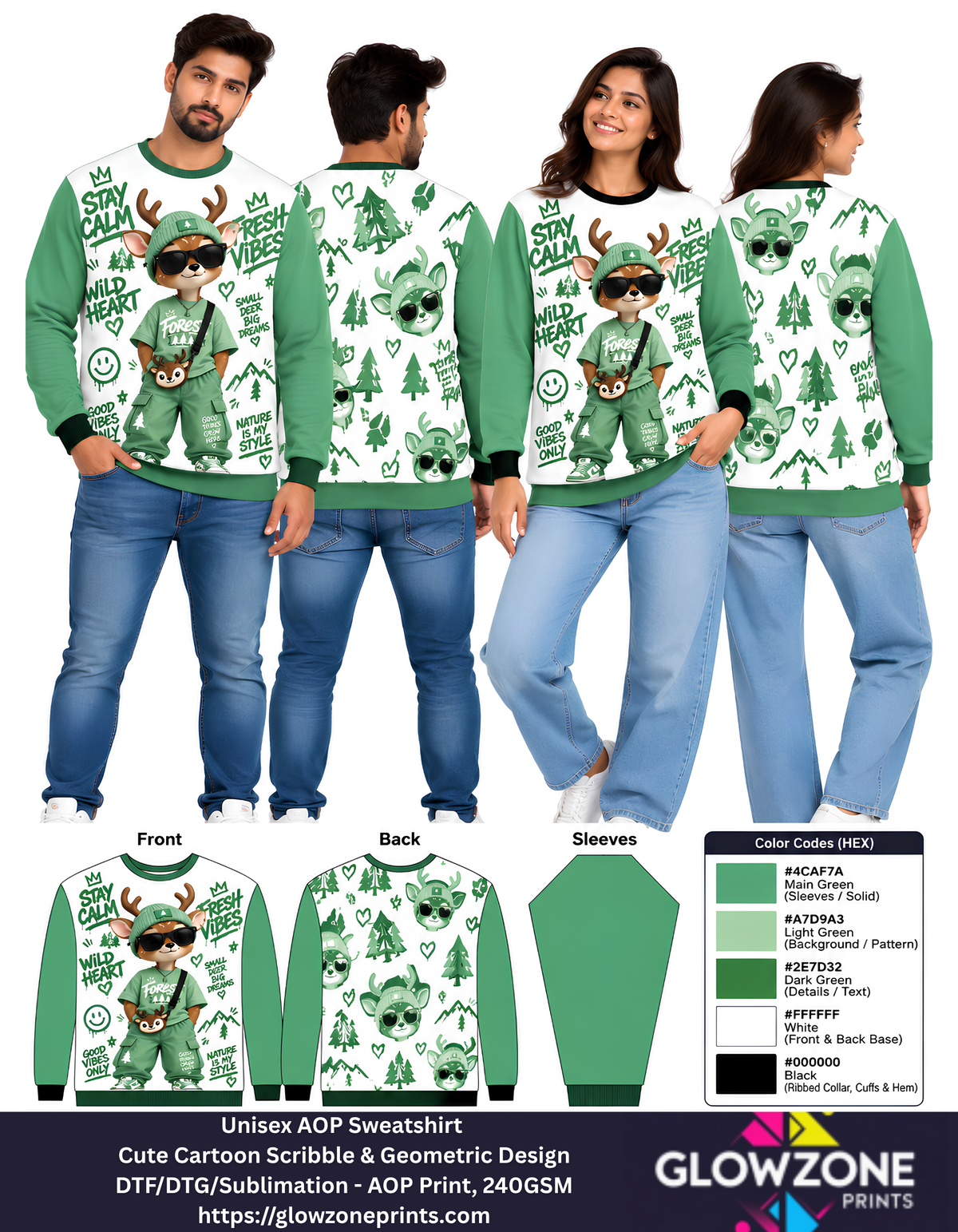 Unisex Animal Cartoon Sweatshirt - Cute Scribble & Geometric Print Deer Green GlowZonePrints
