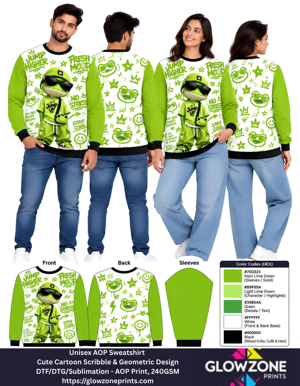 Unisex Animal Cartoon Sweatshirt - Cute Scribble & Geometric Print Frog Lime Green GlowZonePrints
