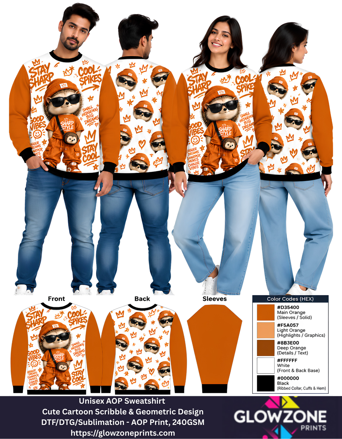 Unisex Animal Cartoon Sweatshirt - Cute Scribble & Geometric Print Hedgehog Orange GlowZonePrints
