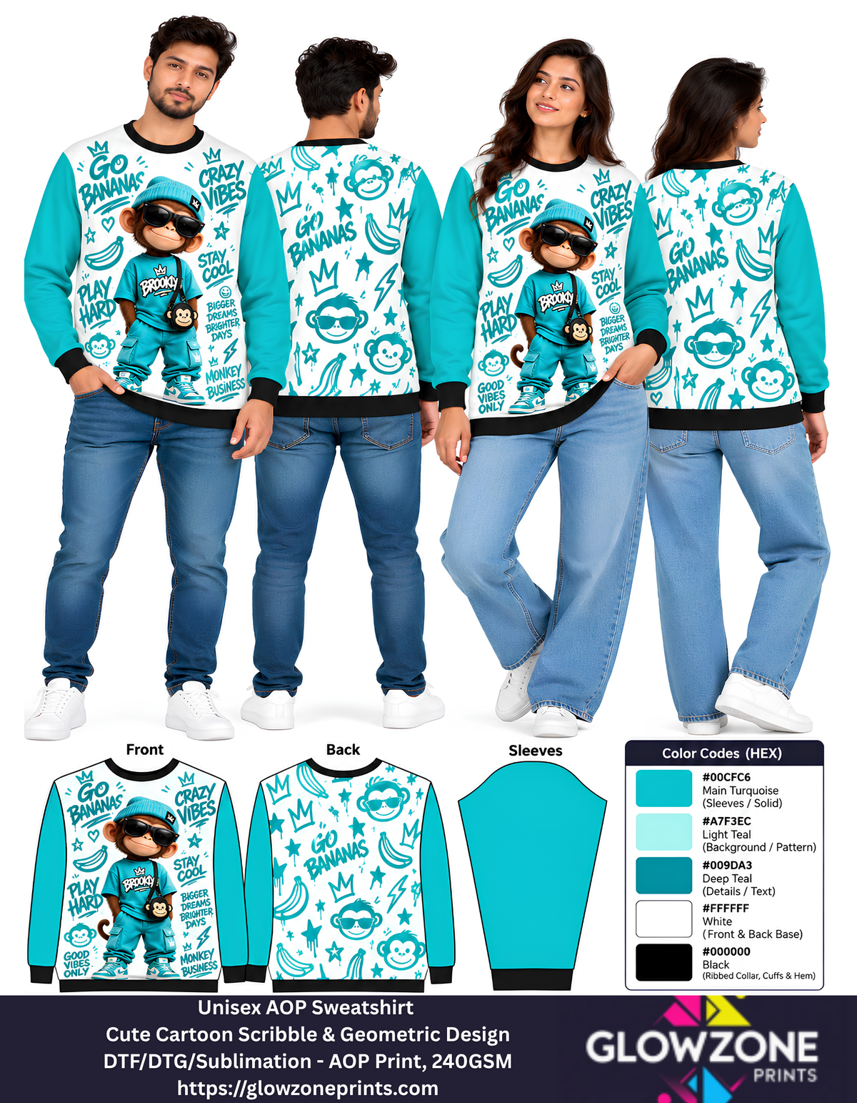 Unisex Animal Cartoon Sweatshirt - Cute Scribble & Geometric Print Monkey Tourquoise GlowZonePrints