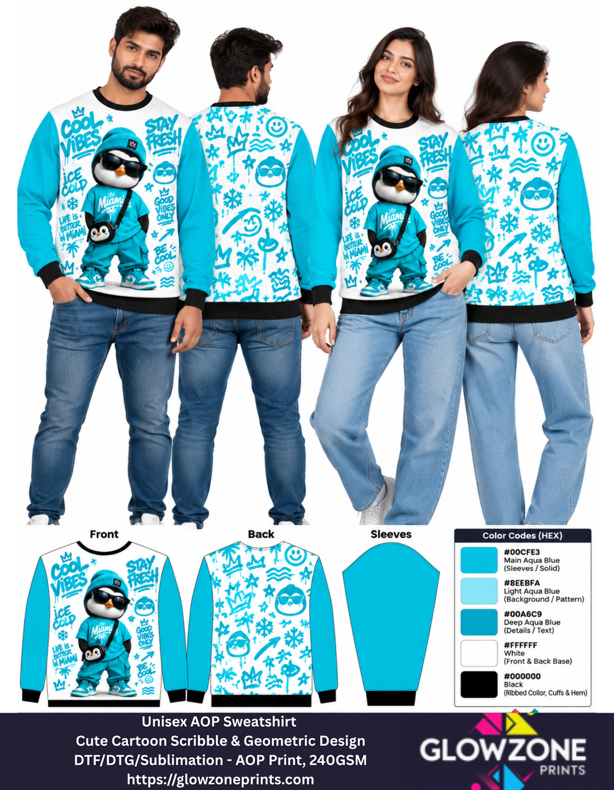 Unisex Animal Cartoon Sweatshirt - Cute Scribble & Geometric Print Penguin Aqua Blue GlowZonePrints