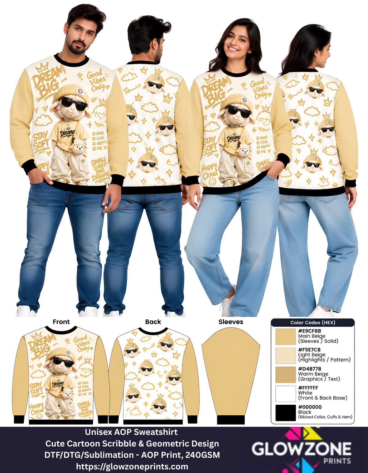 Unisex Animal Cartoon Sweatshirt - Cute Scribble & Geometric Print Sheep Beige GlowZonePrints