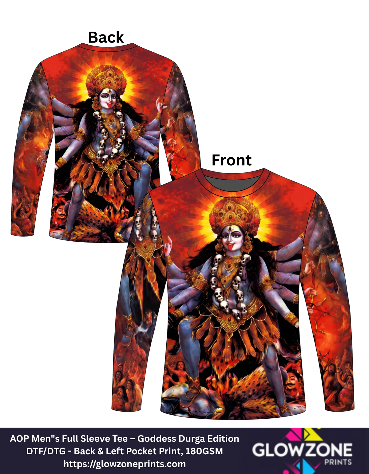 AOP Men"s Full Sleeve Tee – Goddess Durga Edition Durga - Kali Theme GlowZonePrints