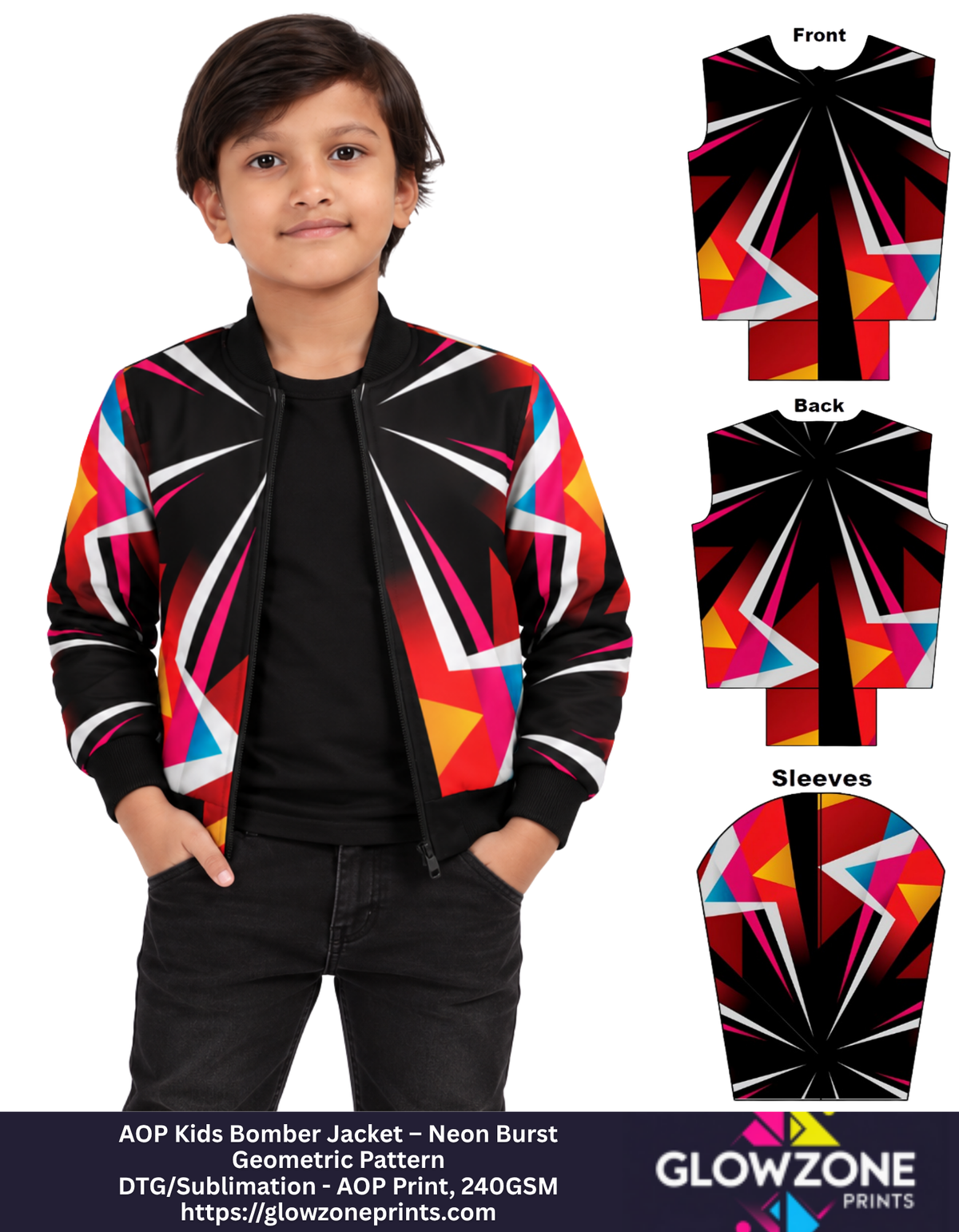 AOP Kids Bomber Jacket – Neon Burst Geometric Pattern GlowZonePrints