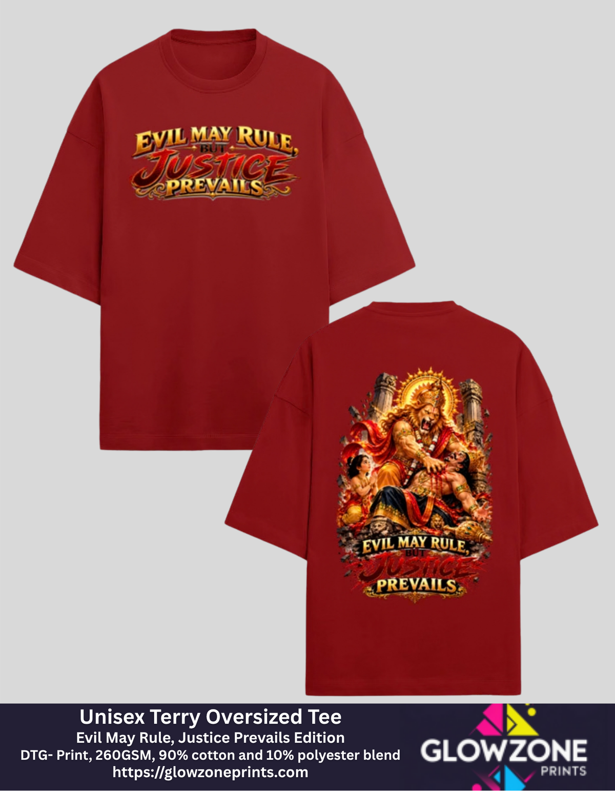 Unisex Terry Oversized Tee – Evil May Rule, Justice Prevails Edition Red GlowZonePrints