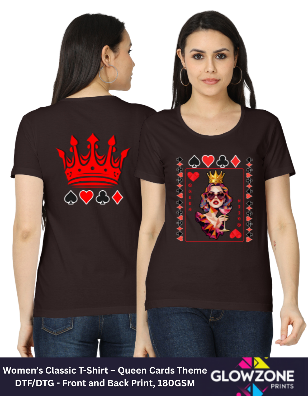 Women’s Classic T-Shirt – Queen Cards Theme Coffee Brown GlowZonePrints