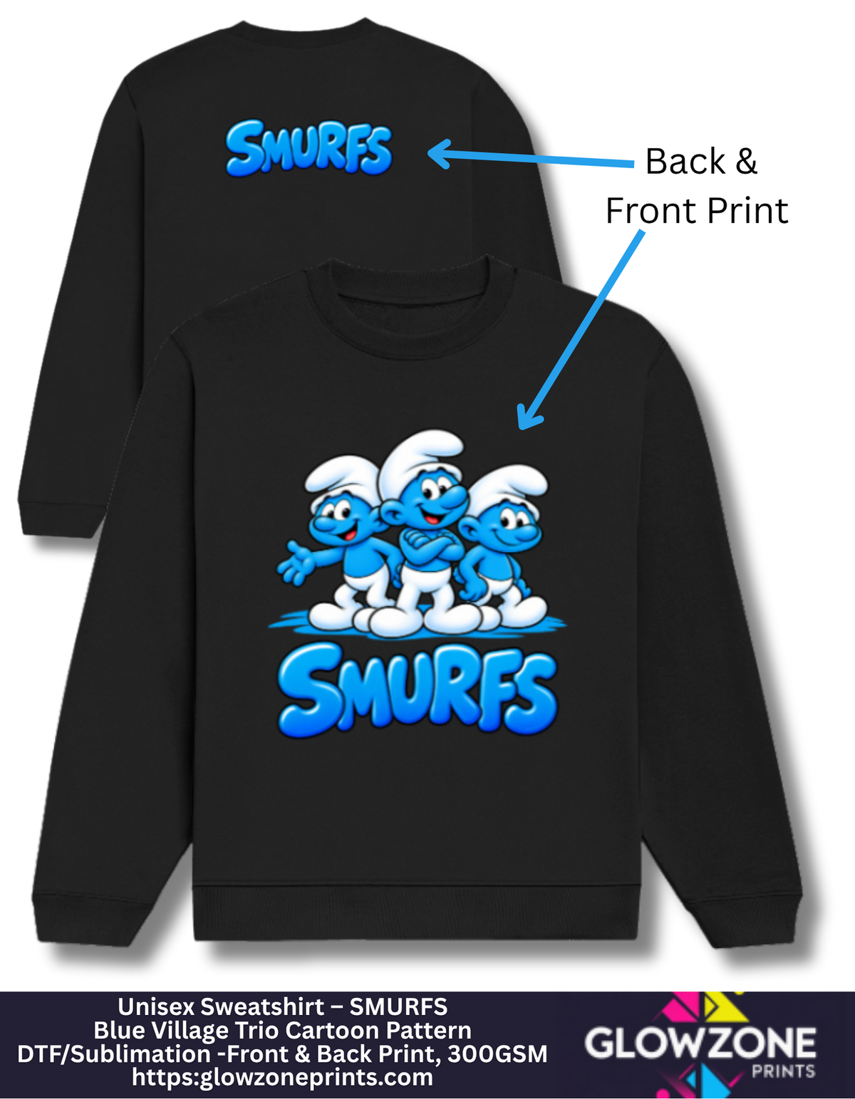Unisex Sweatshirt – Blue Village Trio Cartoon Pattern Black GlowZonePrints