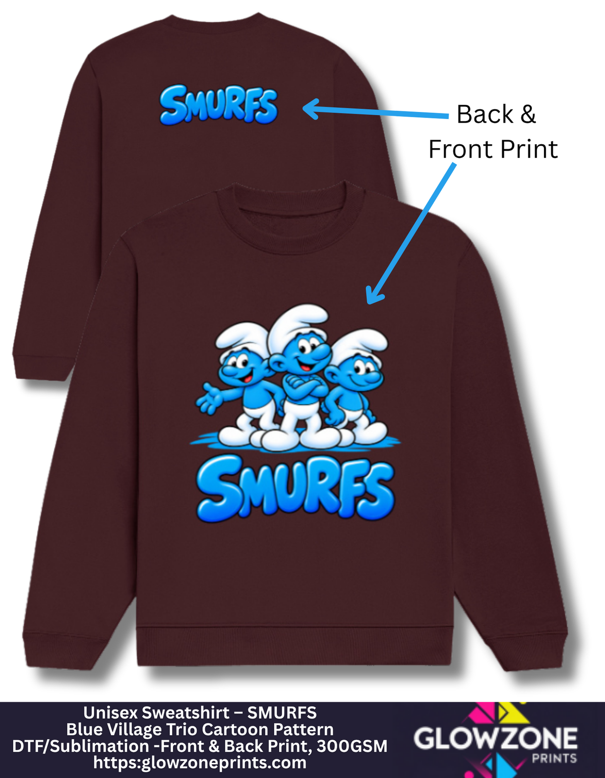 Unisex Sweatshirt – Blue Village Trio Cartoon Pattern Maroon GlowZonePrints