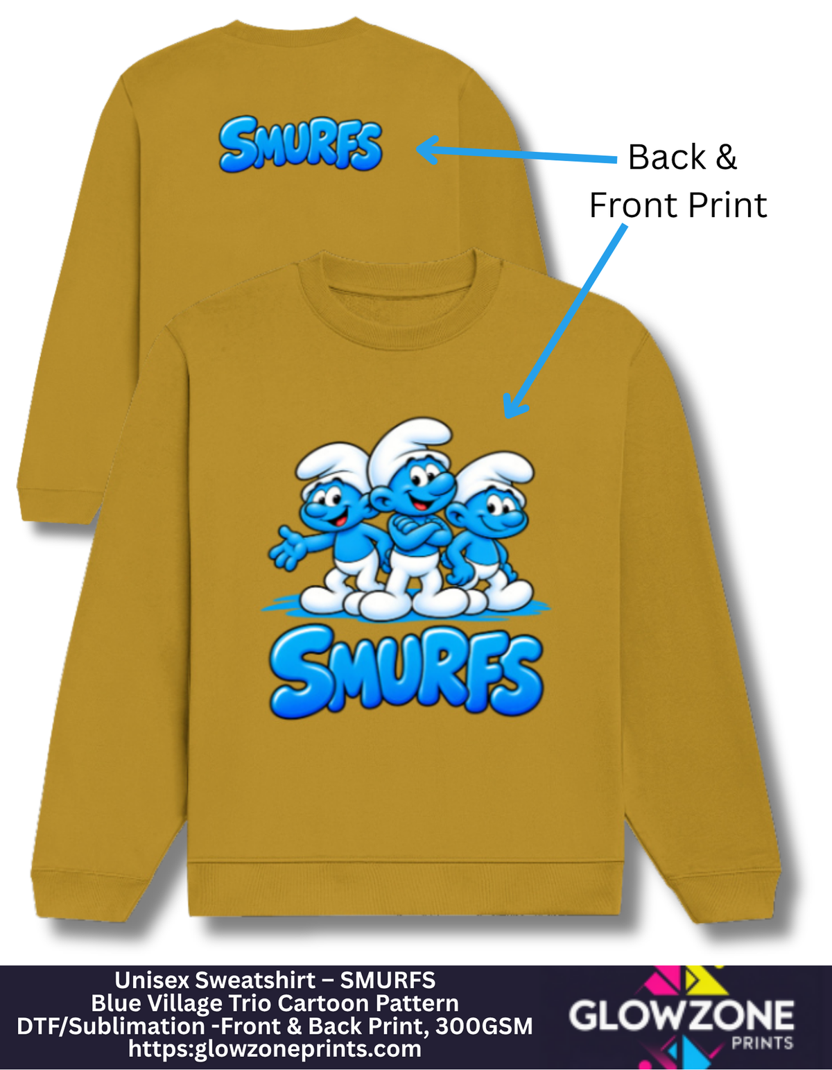 Unisex Sweatshirt – Blue Village Trio Cartoon Pattern Mustard Yellow GlowZonePrints