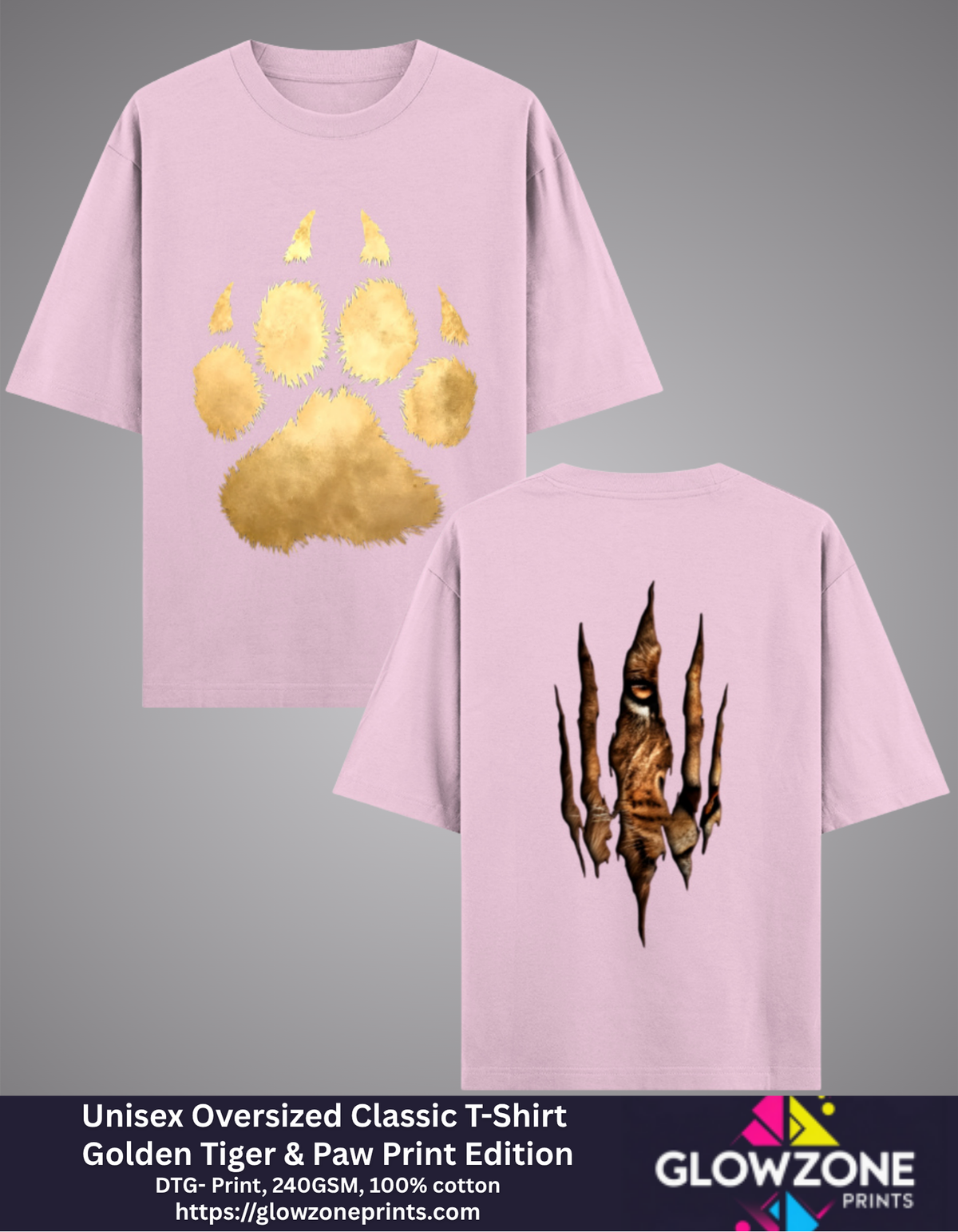 Unisex Oversized Classic T-Shirt – Golden Tiger & Paw Print Edition Light Baby Pink GlowZonePrints