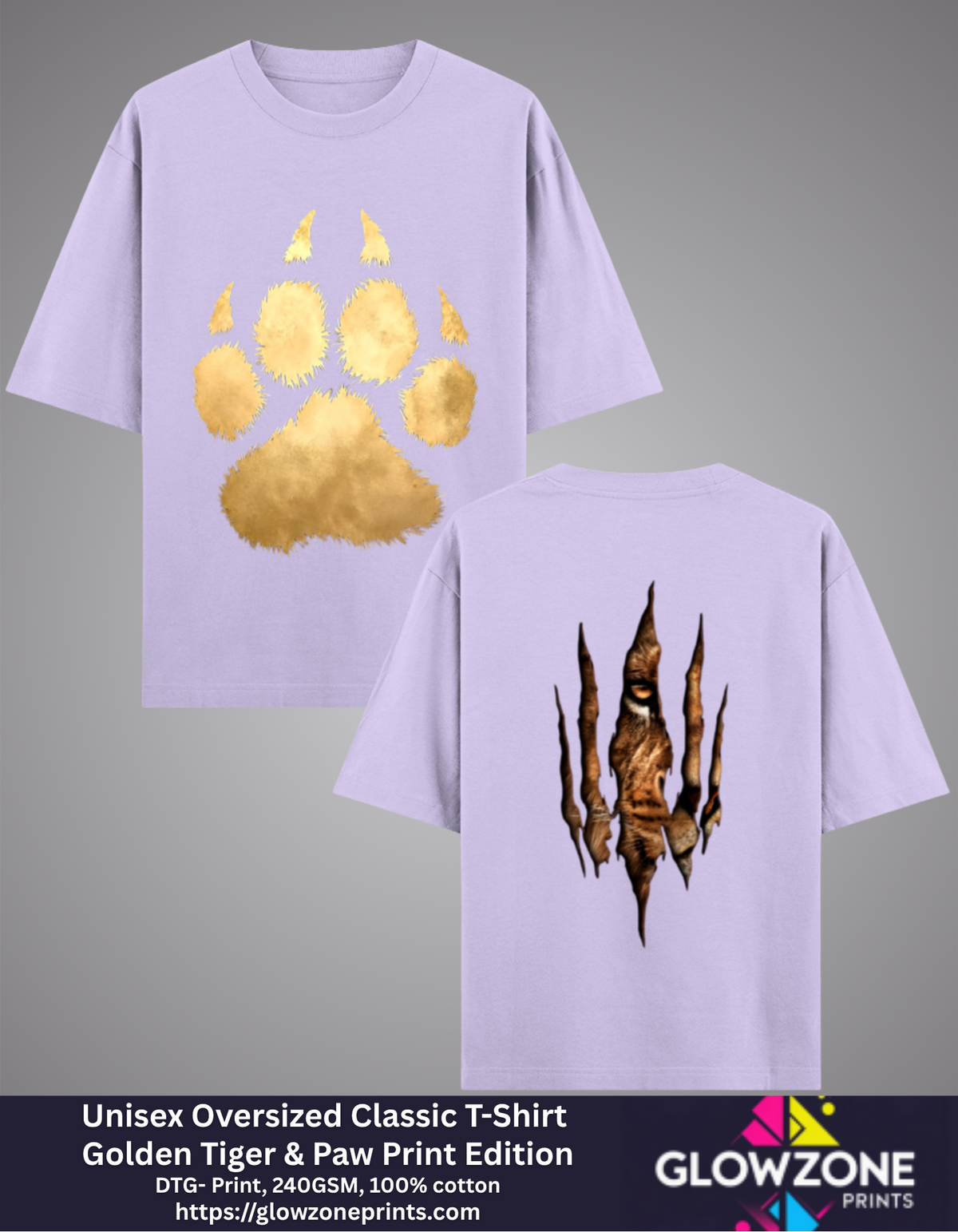Unisex Oversized Classic T-Shirt – Golden Tiger & Paw Print Edition Lavender GlowZonePrints