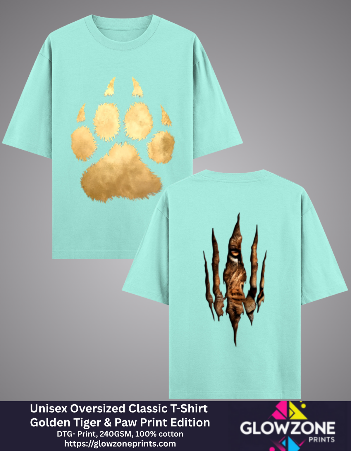 Unisex Oversized Classic T-Shirt – Golden Tiger & Paw Print Edition Mint GlowZonePrints