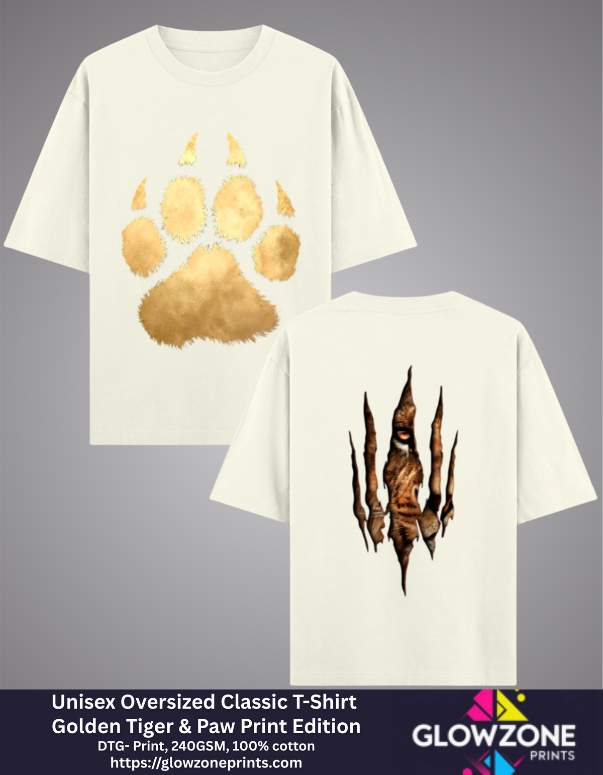 Unisex Oversized Classic T-Shirt – Golden Tiger & Paw Print Edition Off White GlowZonePrints