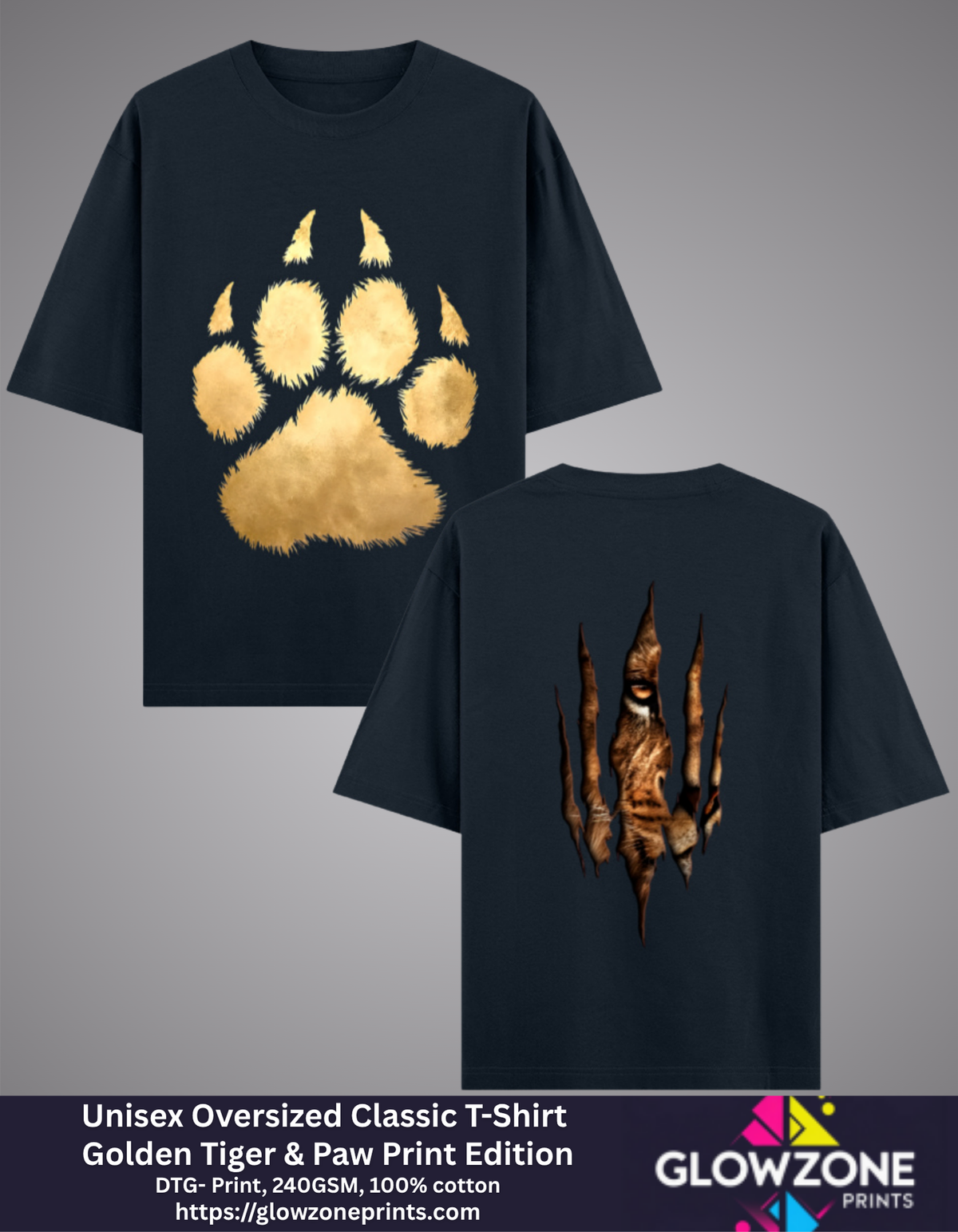 Unisex Oversized Classic T-Shirt – Golden Tiger & Paw Print Edition Navy Blue GlowZonePrints