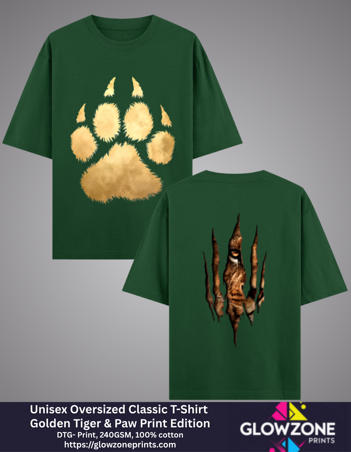 Unisex Oversized Classic T-Shirt – Golden Tiger & Paw Print Edition Bottle Green GlowZonePrints
