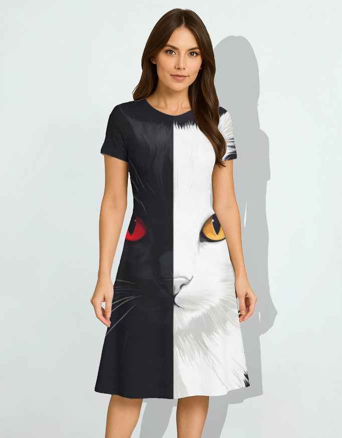 Black and White Cat AOP A line Dress