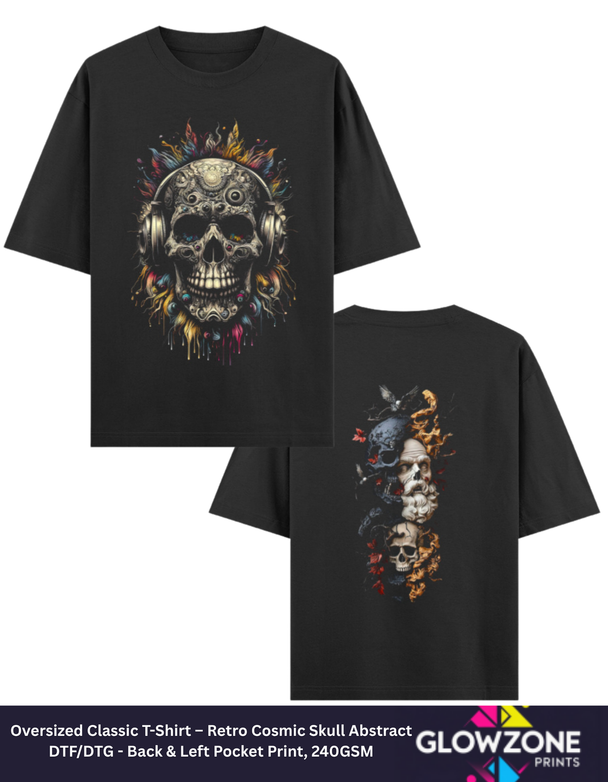 Oversized Classic T-Shirt – Retro Cosmic Skull Abstract Black GlowZonePrints