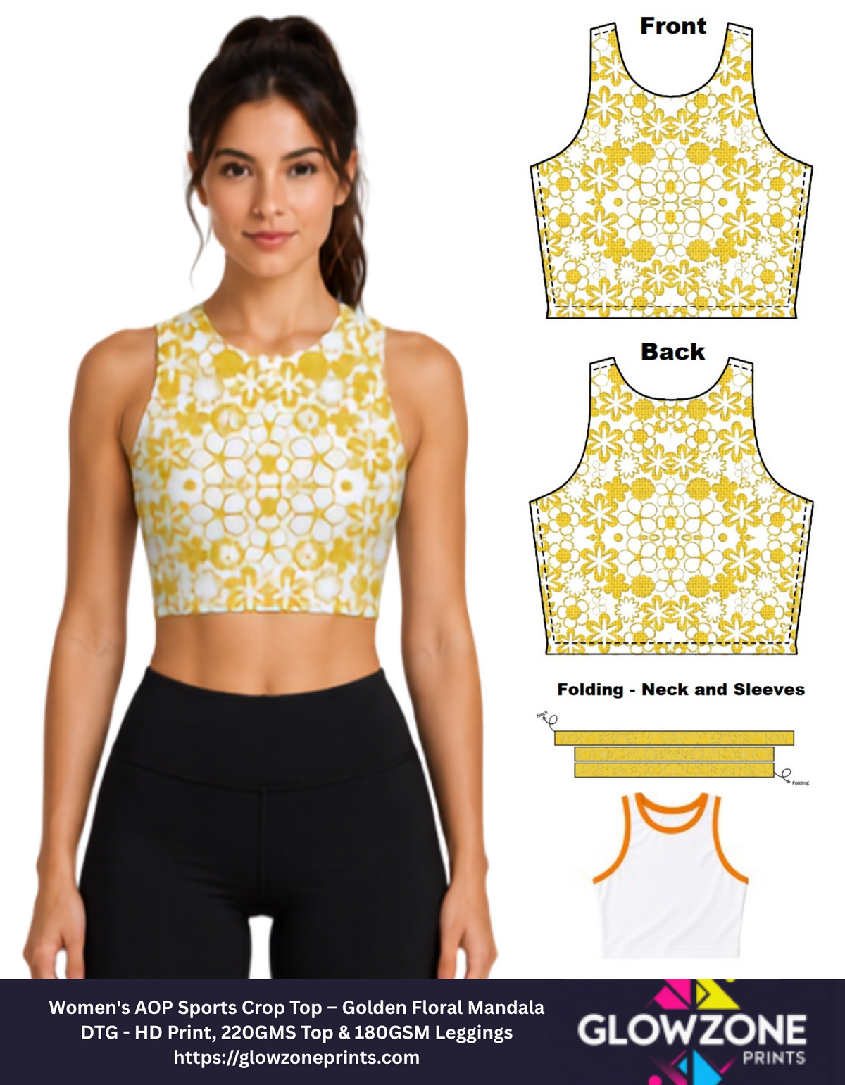 Women's AOP Sports Crop Top – Golden Floral Mandala GlowZonePrints