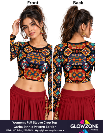 Women's Full Sleeve Crop Top – Garba Ethnic Pattern Edition GlowZonePrints