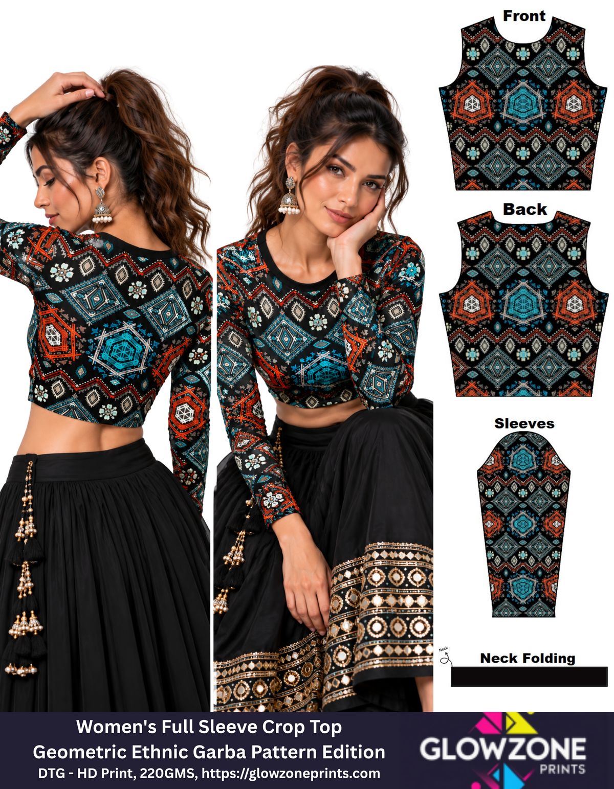 Women's Full Sleeve Crop Top – Geometric Ethnic Garba Pattern Edition Garba Pattern 02 GlowZonePrints