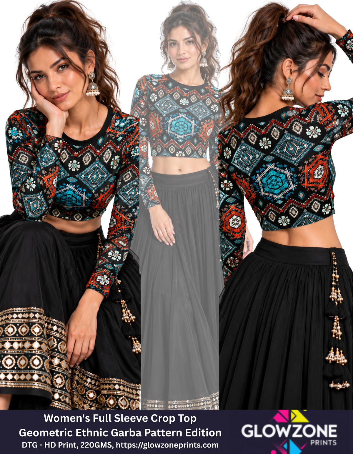 Women's Full Sleeve Crop Top – Geometric Ethnic Garba Pattern Edition GlowZonePrints
