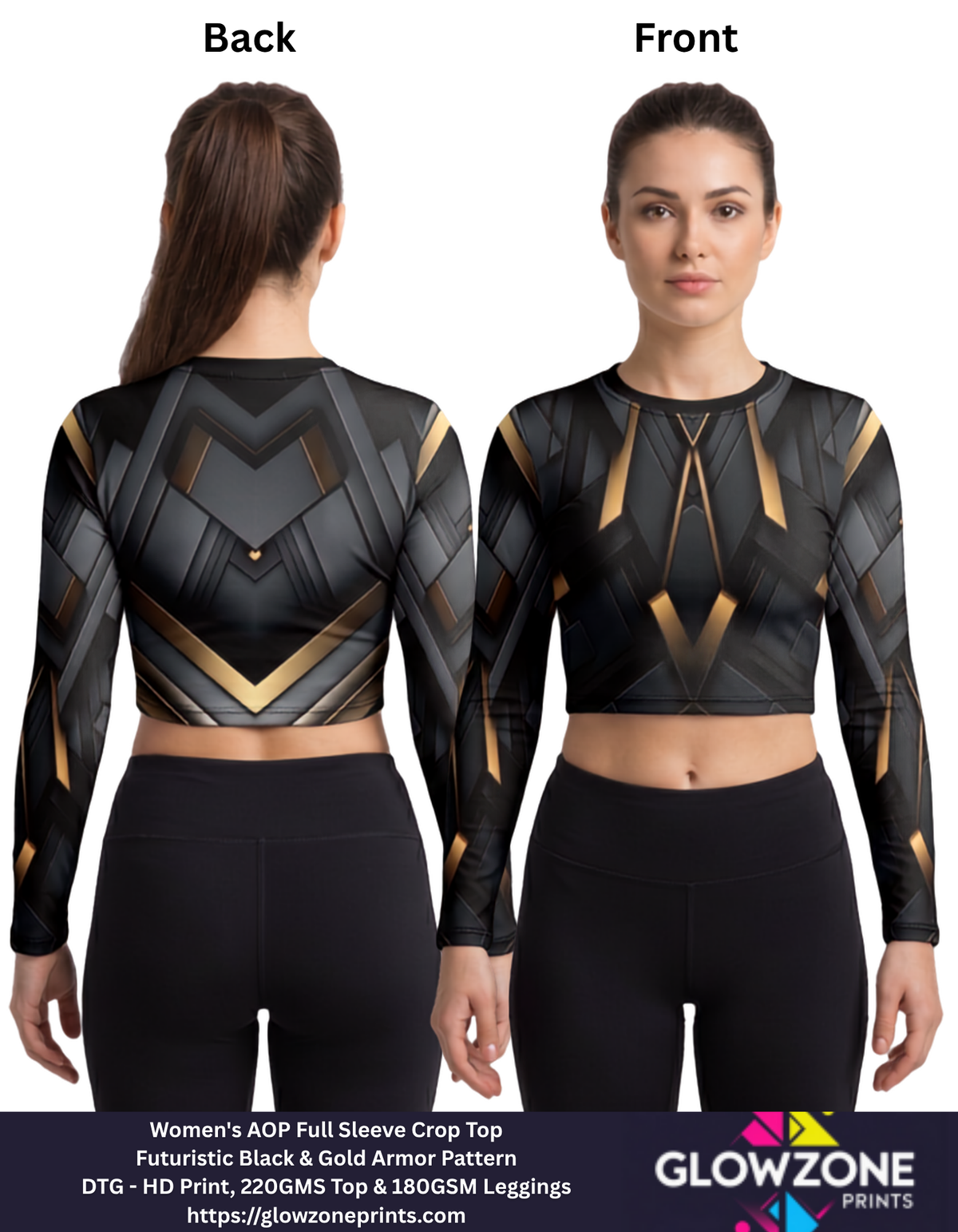 Women's AOP Full Sleeve Crop Top – Futuristic Black & Gold Armor Pattern Black & Gold Armor GlowZonePrints