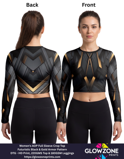 Women's AOP Full Sleeve Crop Top – Futuristic Black & Gold Armor Pattern Black & Gold Armor GlowZonePrints