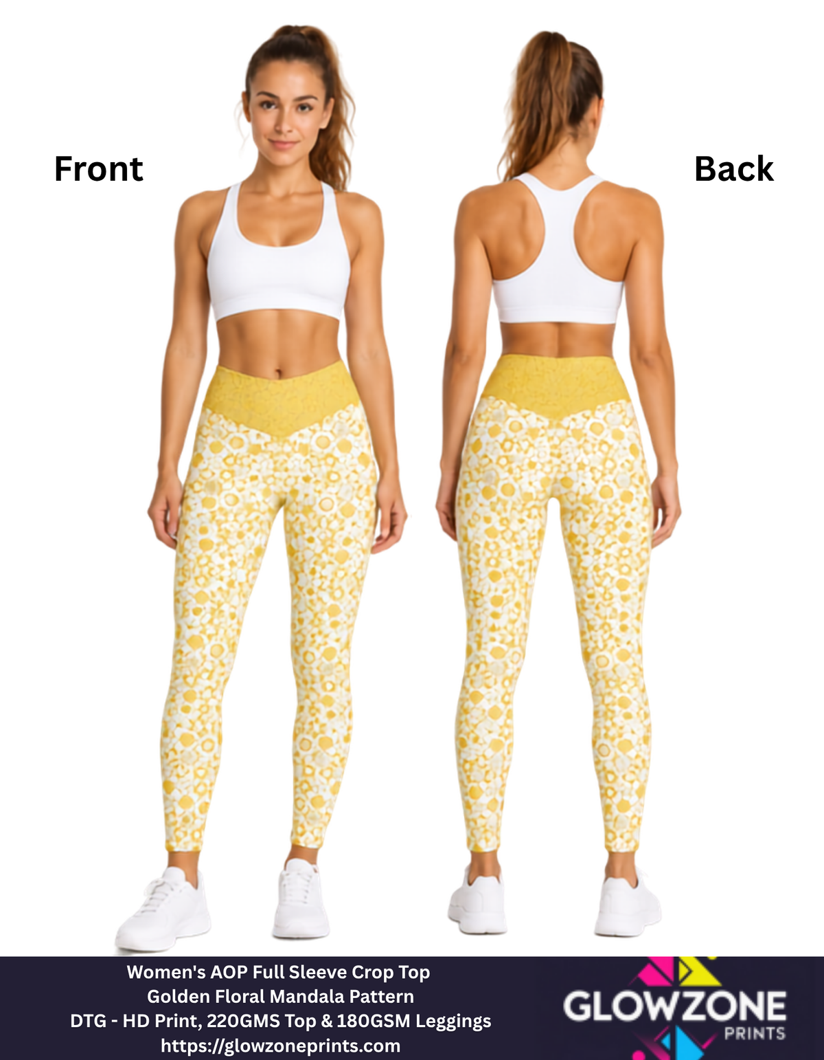 Women's AOP Gym Leggings – Golden Floral Mandala Pattern GlowZonePrints