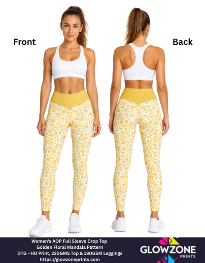 Women's AOP Gym Leggings – Golden Floral Mandala Pattern GlowZonePrints