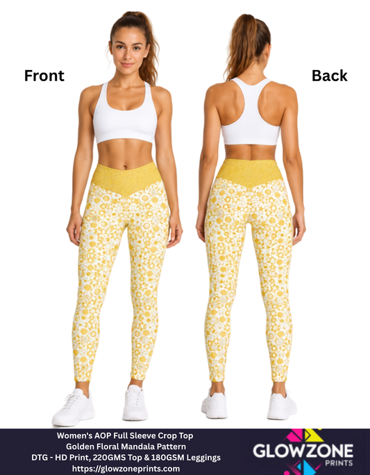 Women's AOP Gym Leggings – Golden Floral Mandala Pattern GlowZonePrints