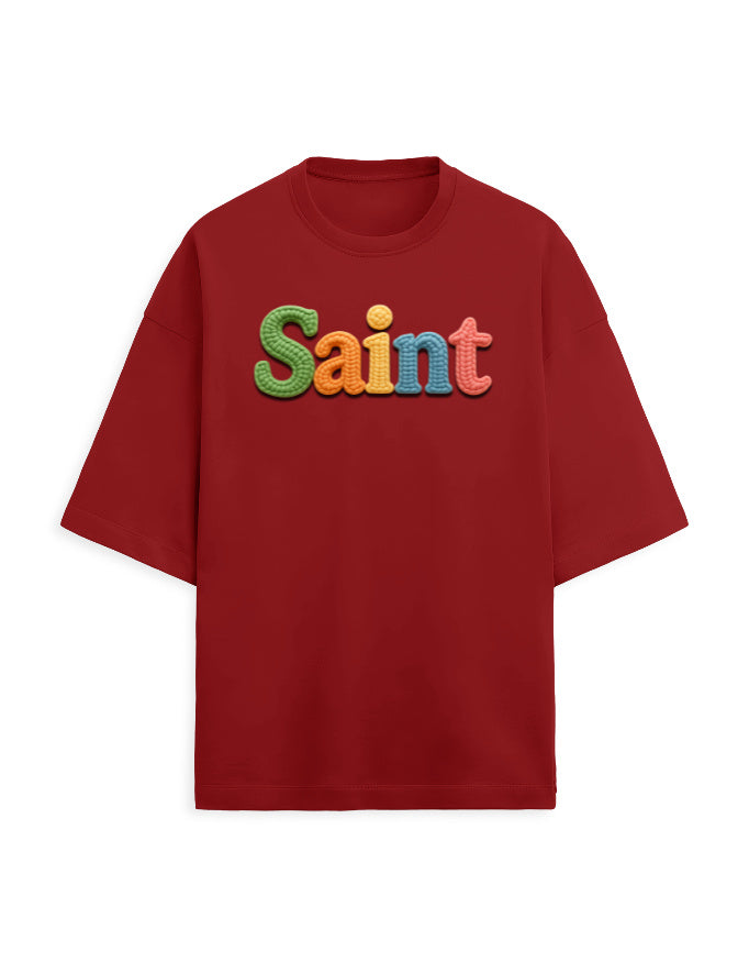 Unisex Terry Oversized Tee – Woolen SAINT Text Edition Red - Woolen Text Effect GlowZonePrints