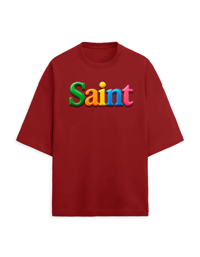 Unisex Terry Oversized Tee – Glossy SAINT Text Edition Red - Glossy Text Effect GlowZonePrints