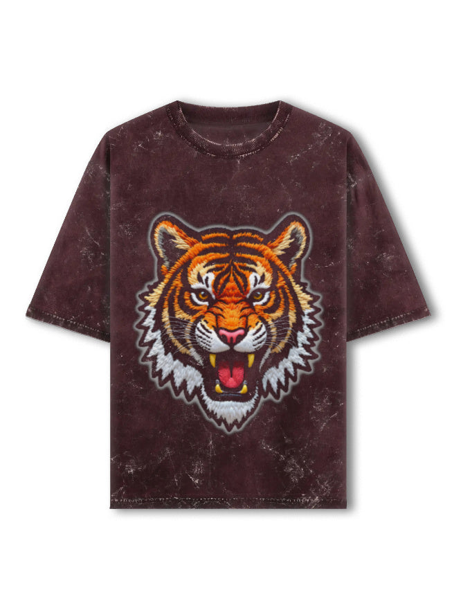 Unisex Acid Washed Oversized Tee – Tiger Roar Maroon GlowZonePrints