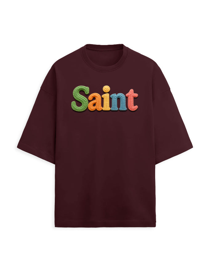 Unisex Terry Oversized Tee – Woolen SAINT Text Edition Maroon - Woolen Text Effect GlowZonePrints