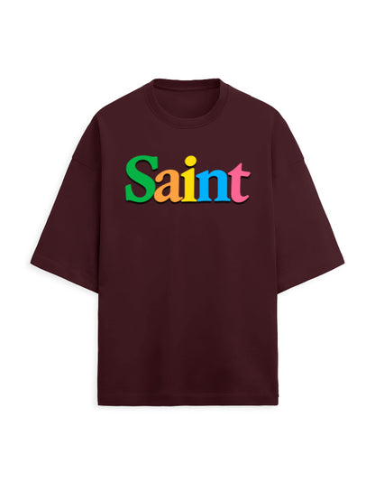 Unisex Terry Oversized Tee – Plain SAINT Text Effect Maroon - Plain Text Effect GlowZonePrints