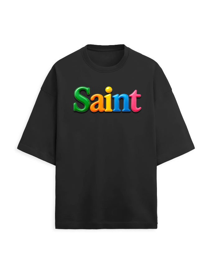Unisex Terry Oversized Tee – Glossy SAINT Text Edition Black - Glossy Text Effect GlowZonePrints