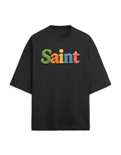 Unisex Terry Oversized Tee – Woolen SAINT Text Edition Black - Woolen Text Effect GlowZonePrints